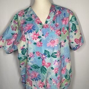 💜3/$15 White Swan Floral Print Scrub Top
